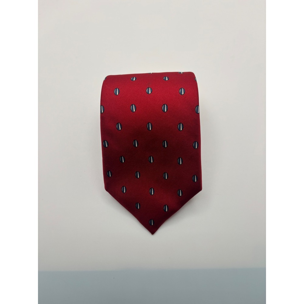 Christian Dior Mens Silk Tie Red Geometric Oval Pattern Navy White Luxury Tie